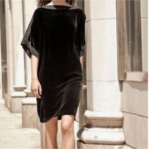 Eileen Fisher Bateau neck black velvet with silk trim shift dress size L